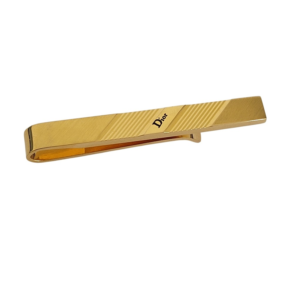Christian Dior Vintage Gold Tone Diagonal Stripe Logo Tie Clip Bar Mens Accesso